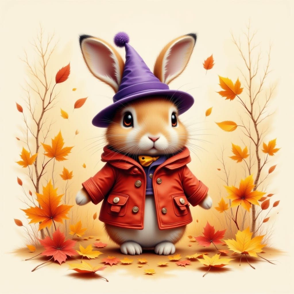 Brown Rabbit in Autumn Leaves with Red Coat and Hat