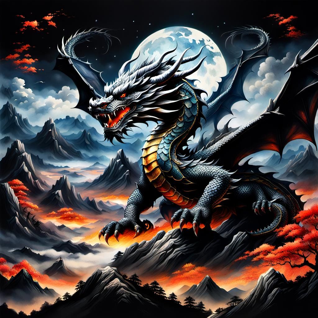 Hyperrealistic Dragons in Sky, Sumi-e Art