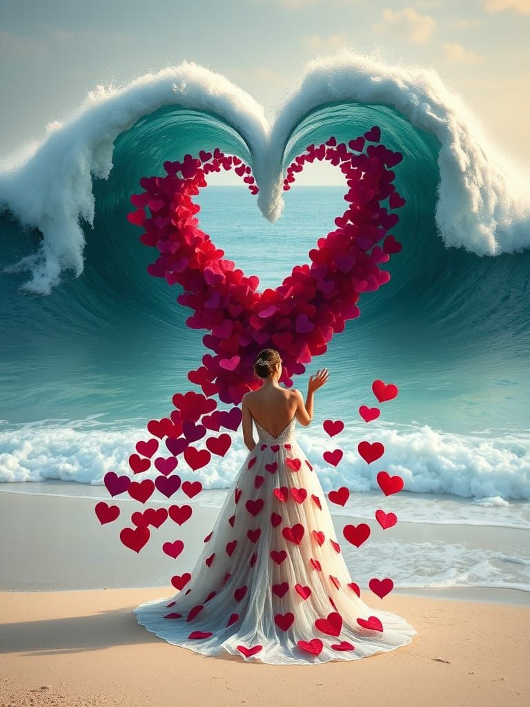 Ocean Waves Form Heart Shape Above Woman in Couture Gown