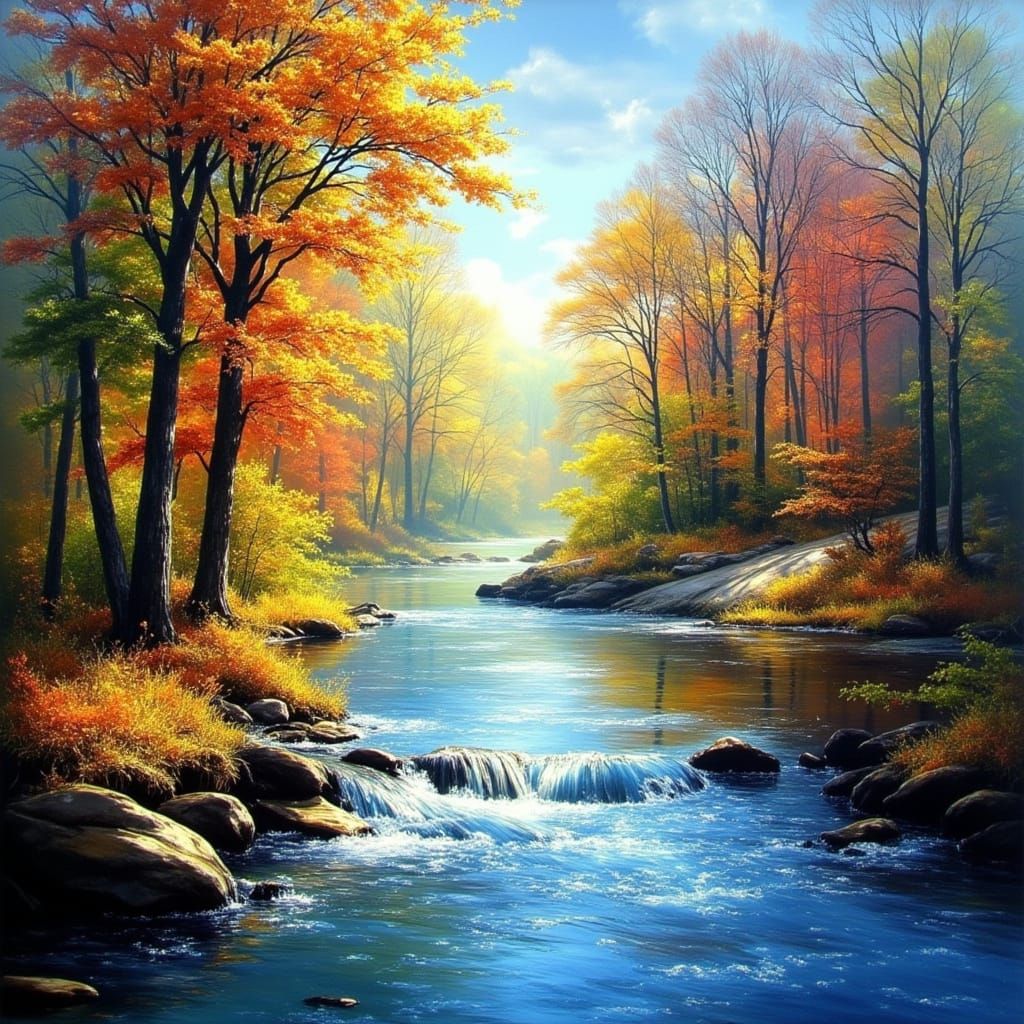 Majestic Autumn Forest River Oil Painting