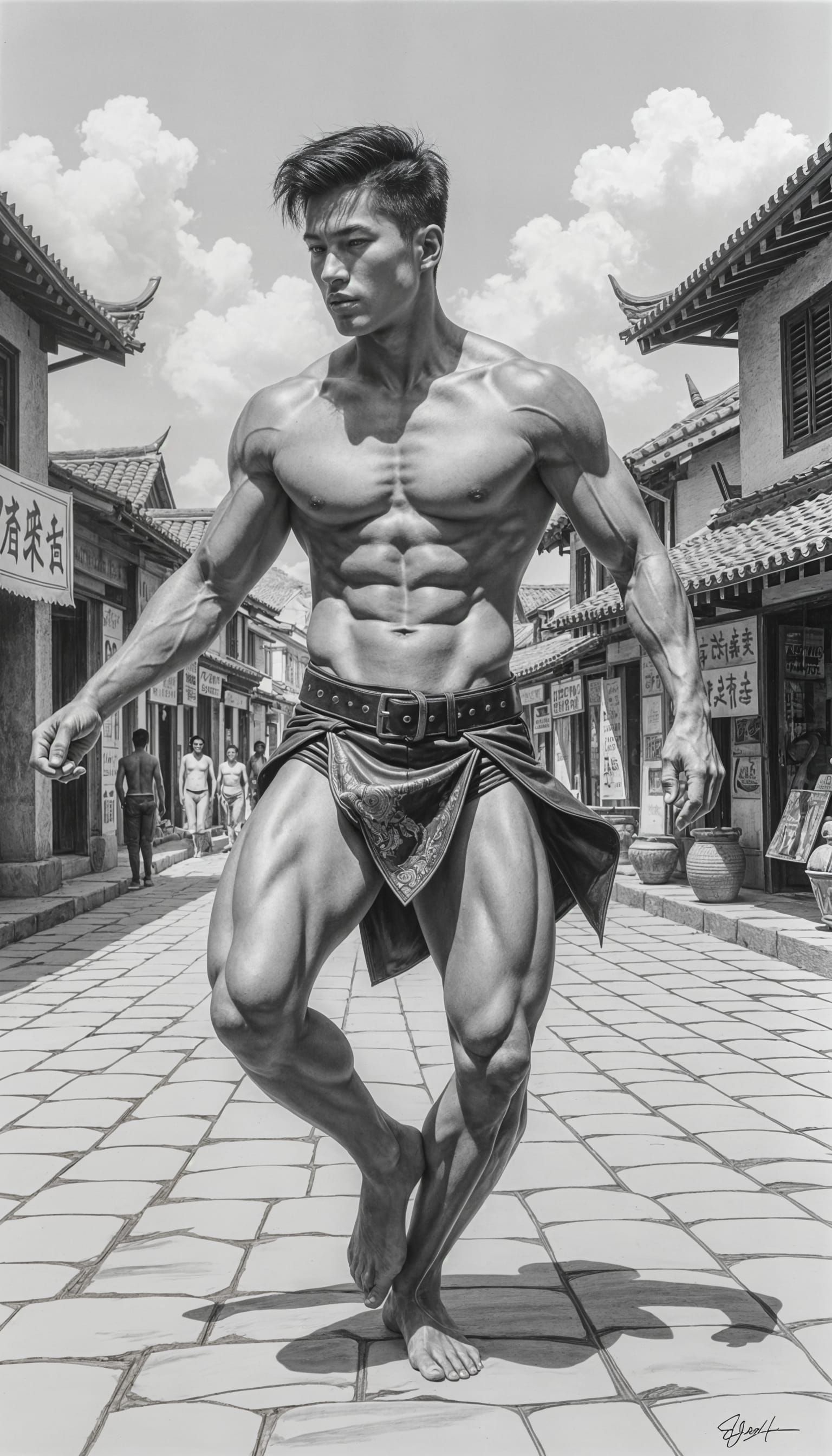 Gay Man Dancing in Countryside Square in Charcoal Drawing