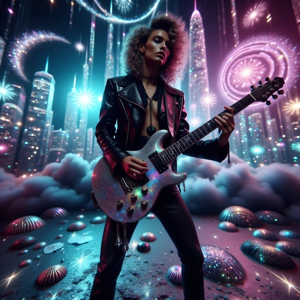 Guitarist Takes Center Stage in Neon Futuristic Concert