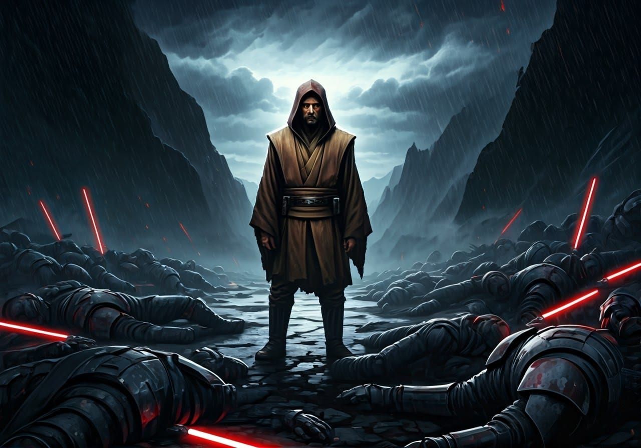 Victorious Jedi Ronin Amidst Fallen Sith Battlefield