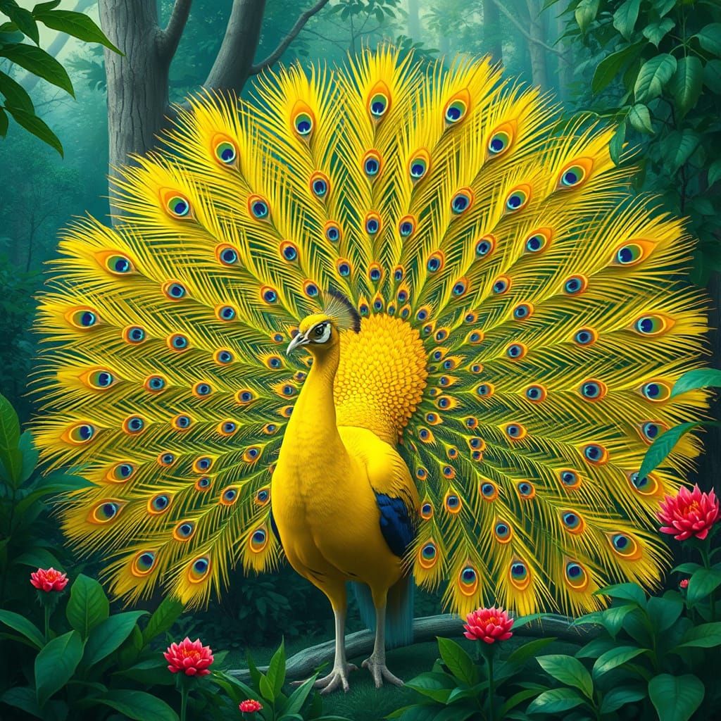 Yellow Peacock Spreading Tail Feathers in Art Nouveau Style