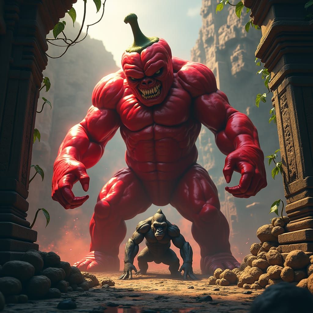 Fiery Chili Pepper Conquers Gorilla in Fantasy Ruins