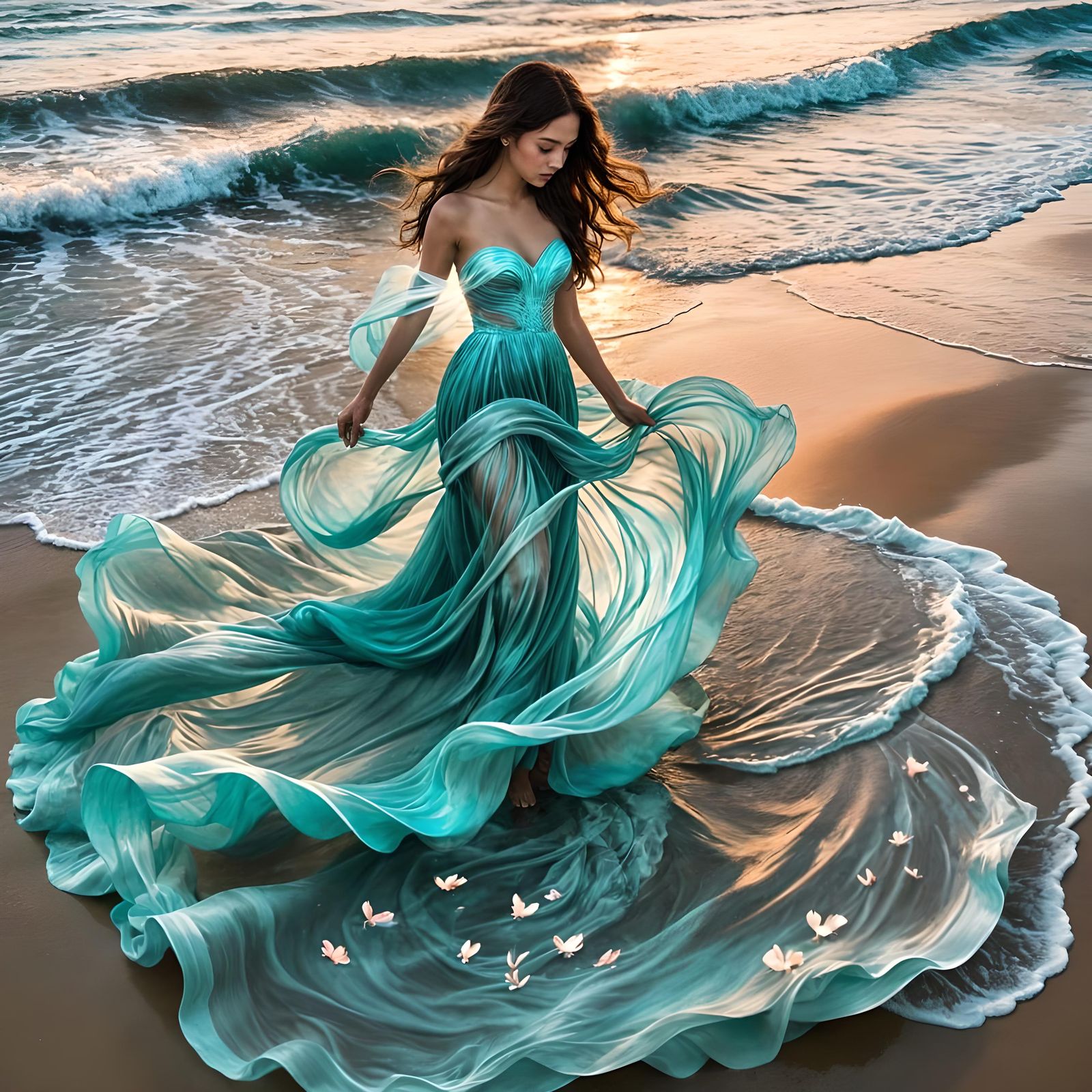 Woman in Turquoise Sea Wave Dress Gouache
