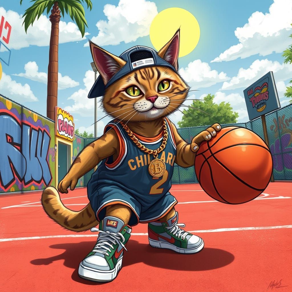 Whimsical Cat Plays Basketball in Colorful Urban Landscape