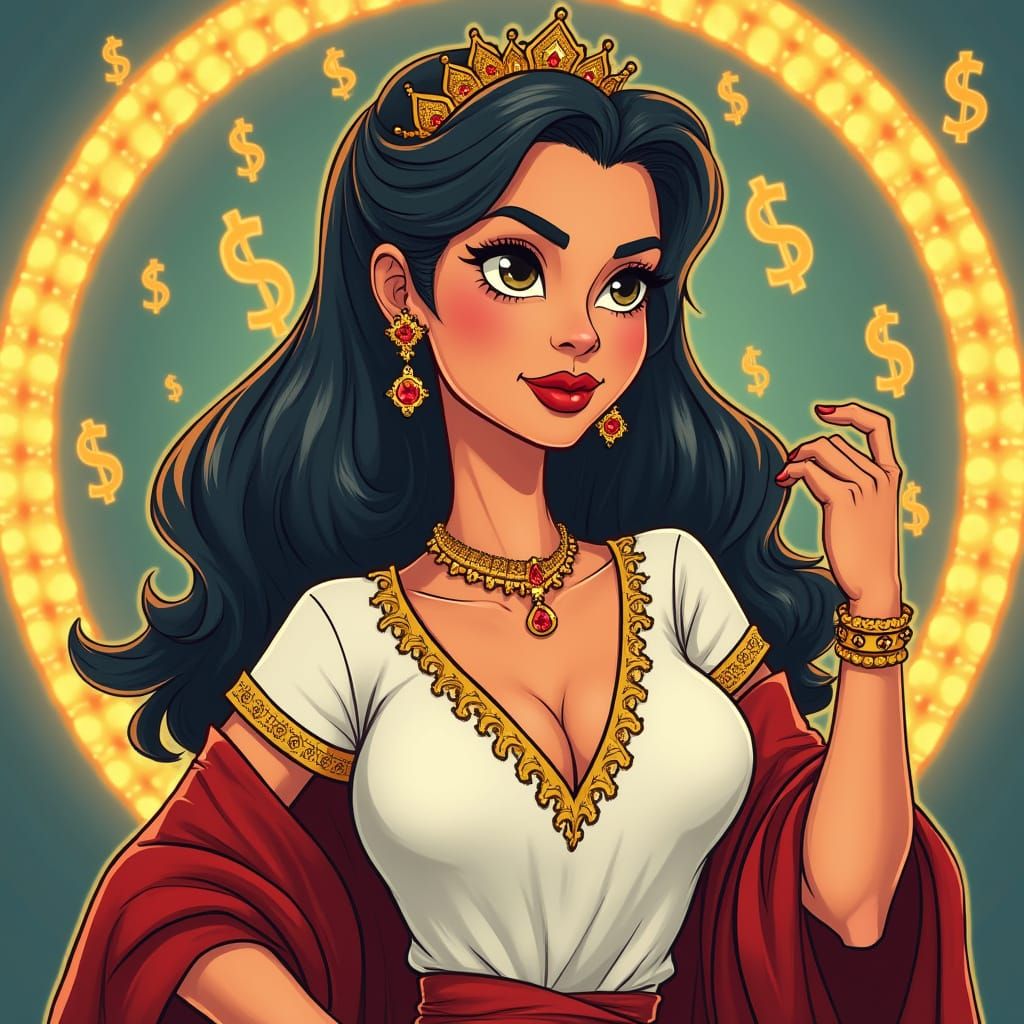 Cartoon Empress in Regal Attire with Dollar Sign Backdrop