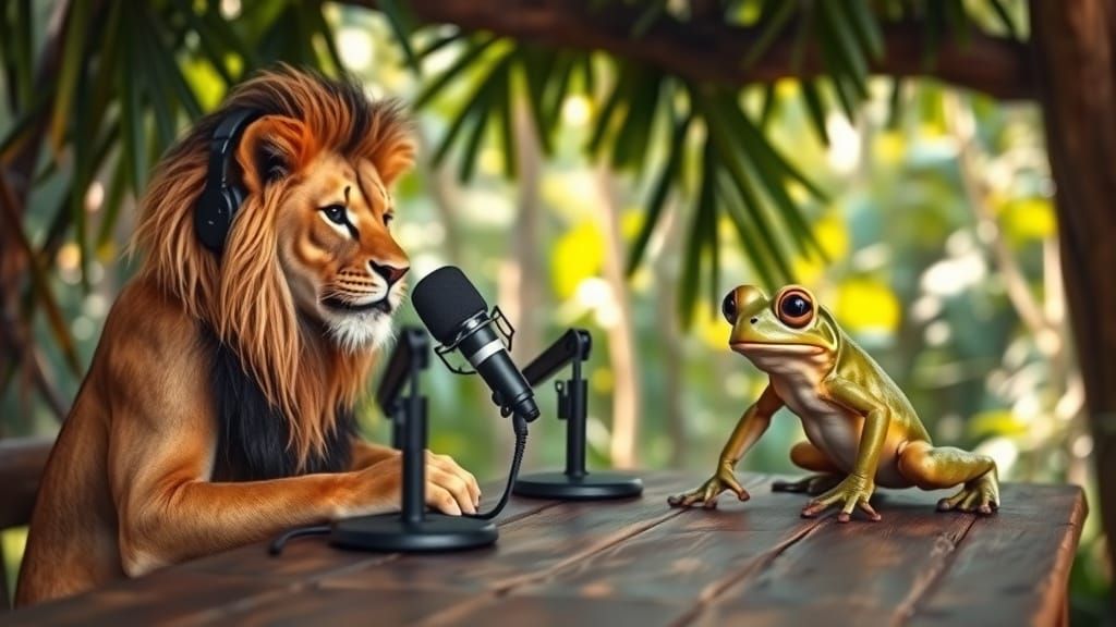 Friendly Conversation Between Lion Podcaster and Quirky Frog