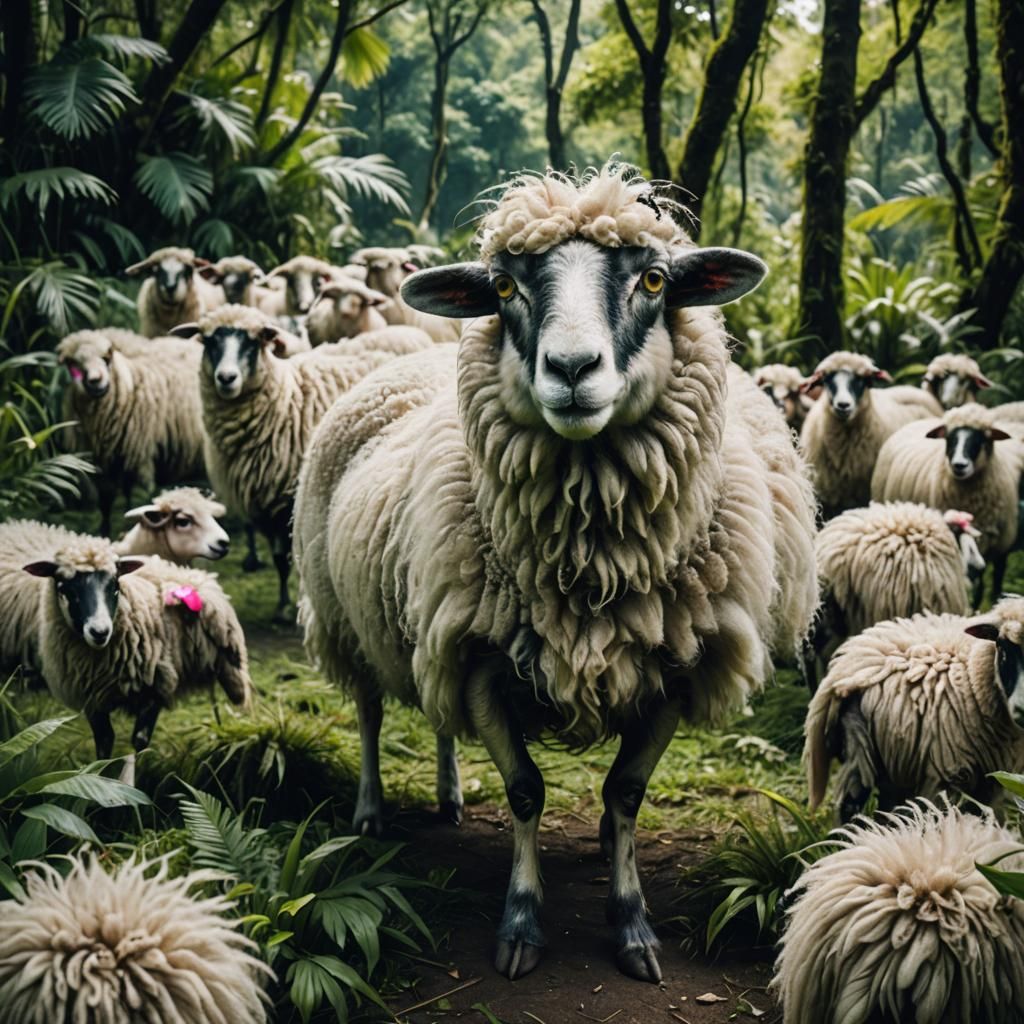 Surreal Sheep in Jungle Cinematic Still