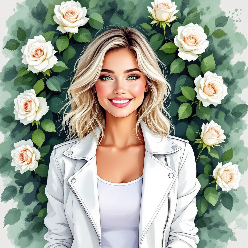 White Haired Woman Smiling Amidst White Roses