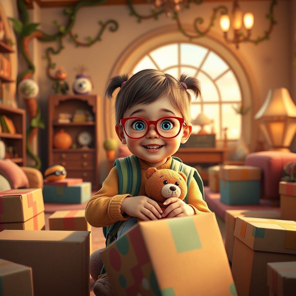 Whimsical Young Girl Packs Boxes in Fantastical Room