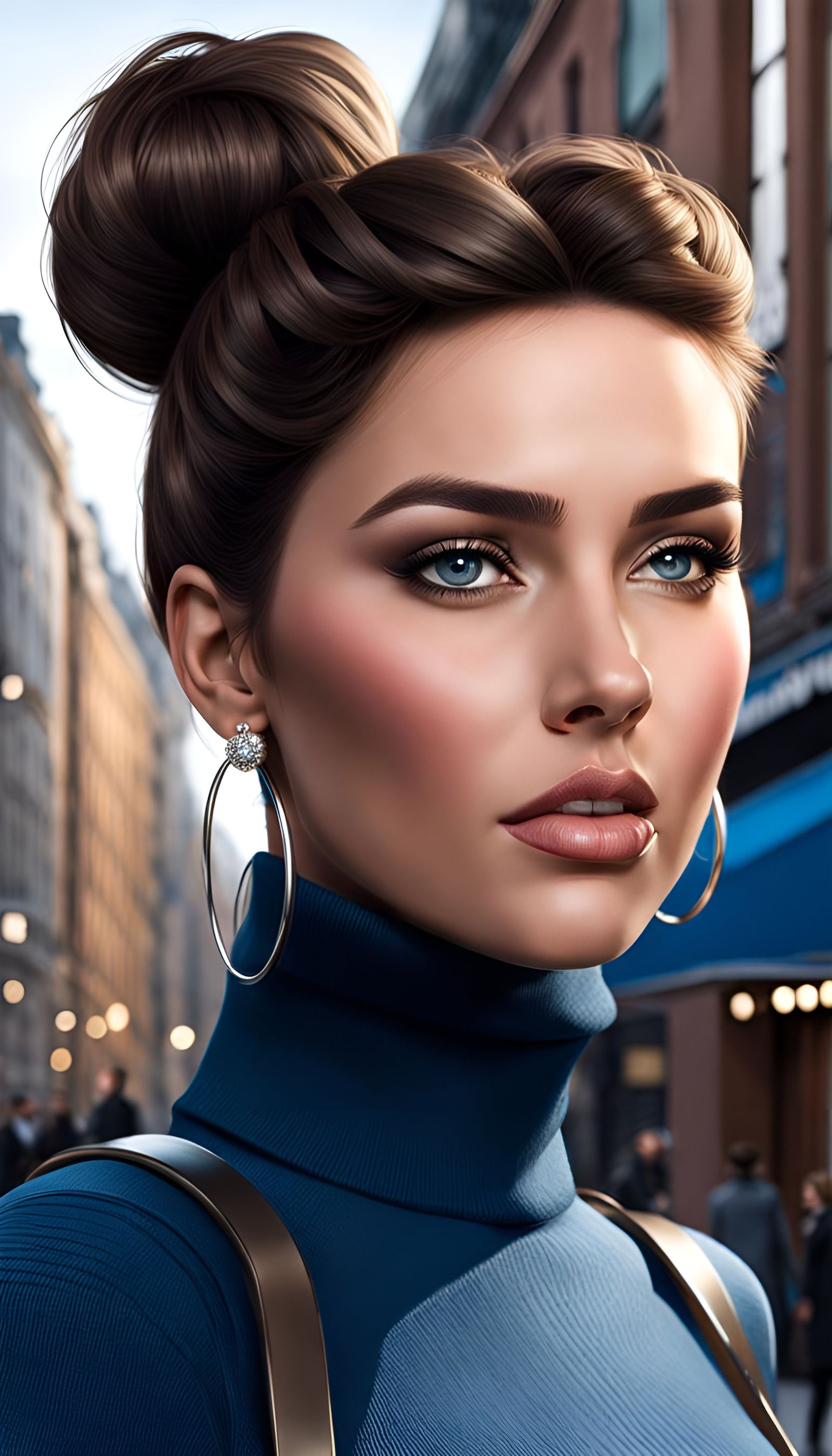 Hyperrealistic Portrait of Curvy Brunette in City