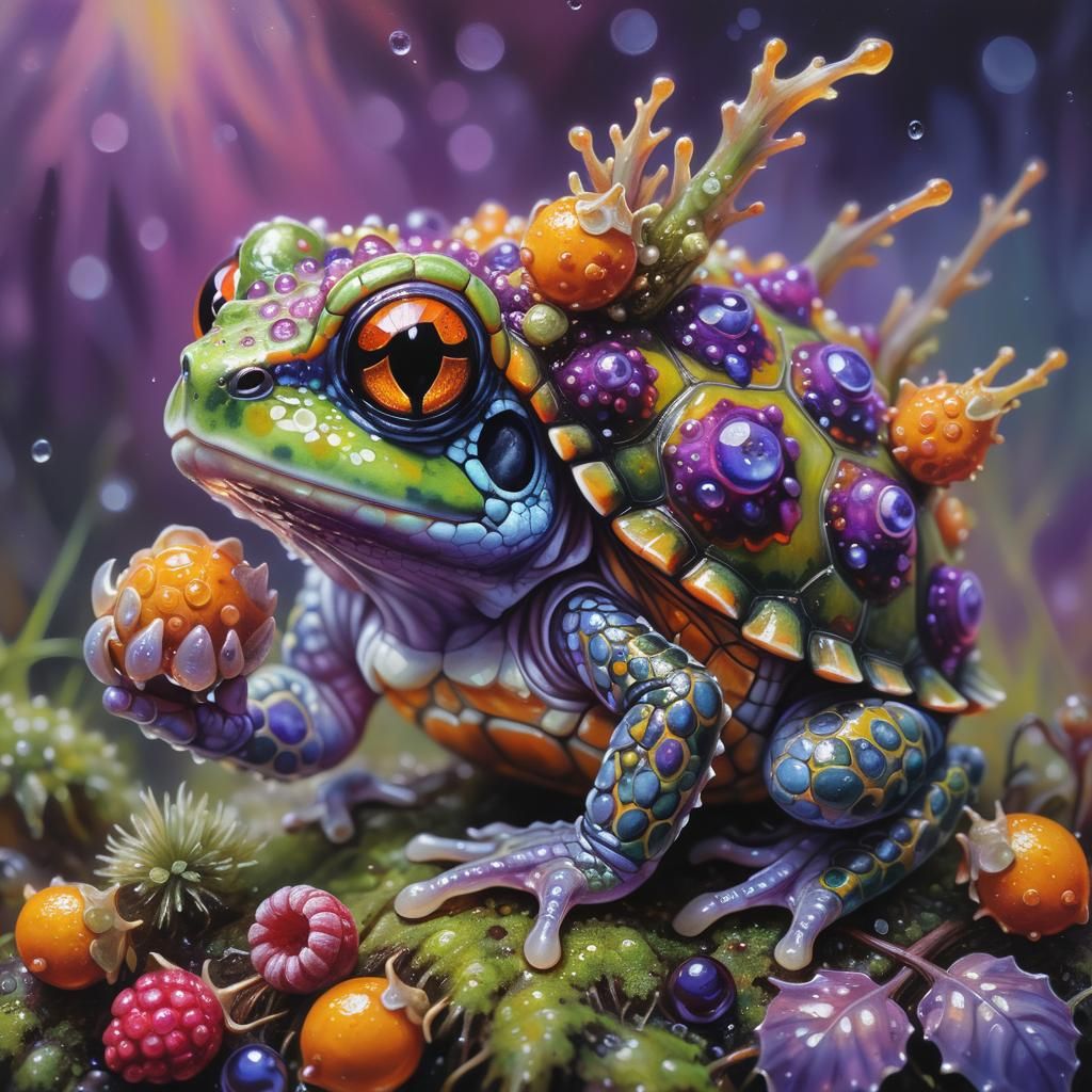 Murex Frog-Tortoise Holds Berry: Oil Painting