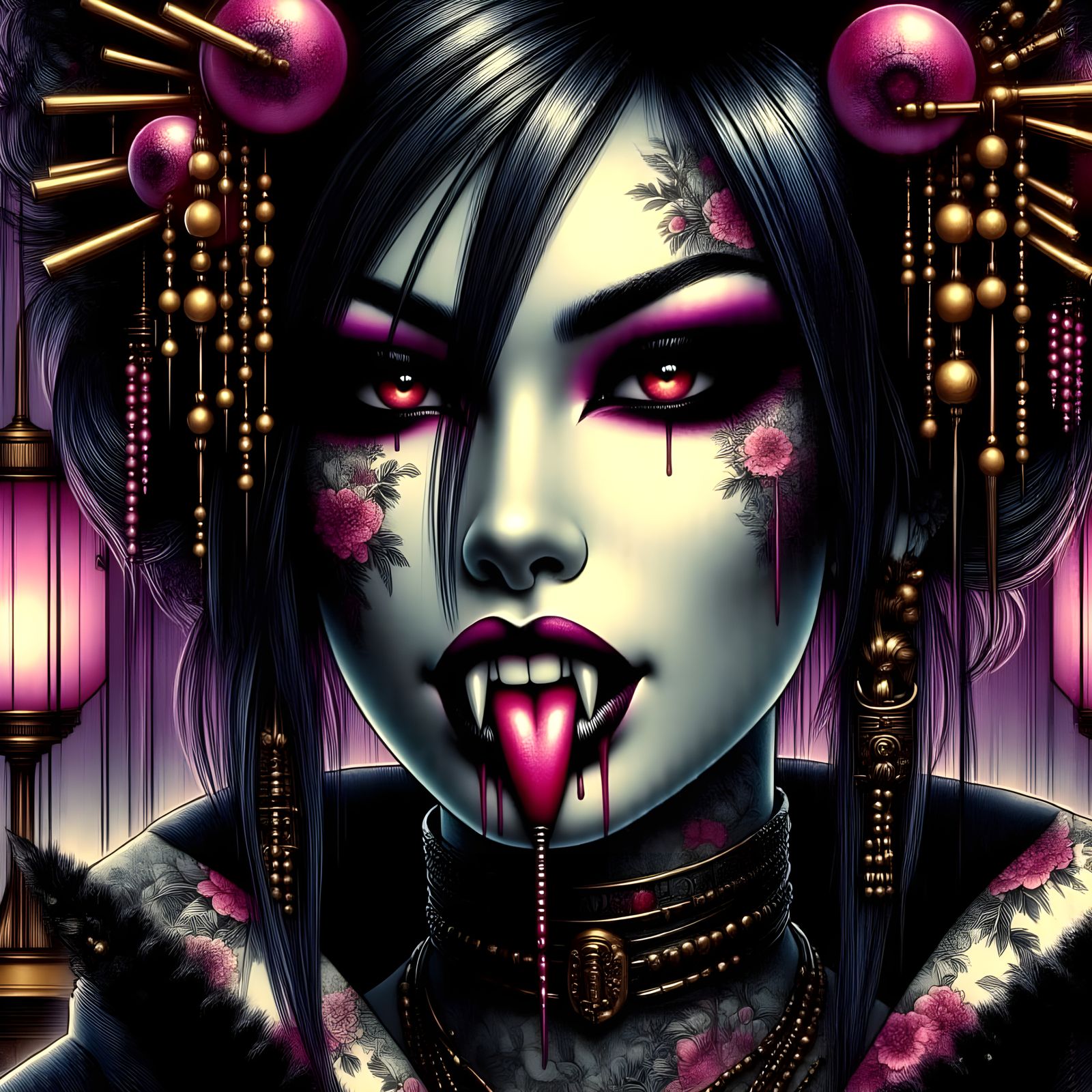 Gothic Geisha Vampire in a Dark, Elegant Setting