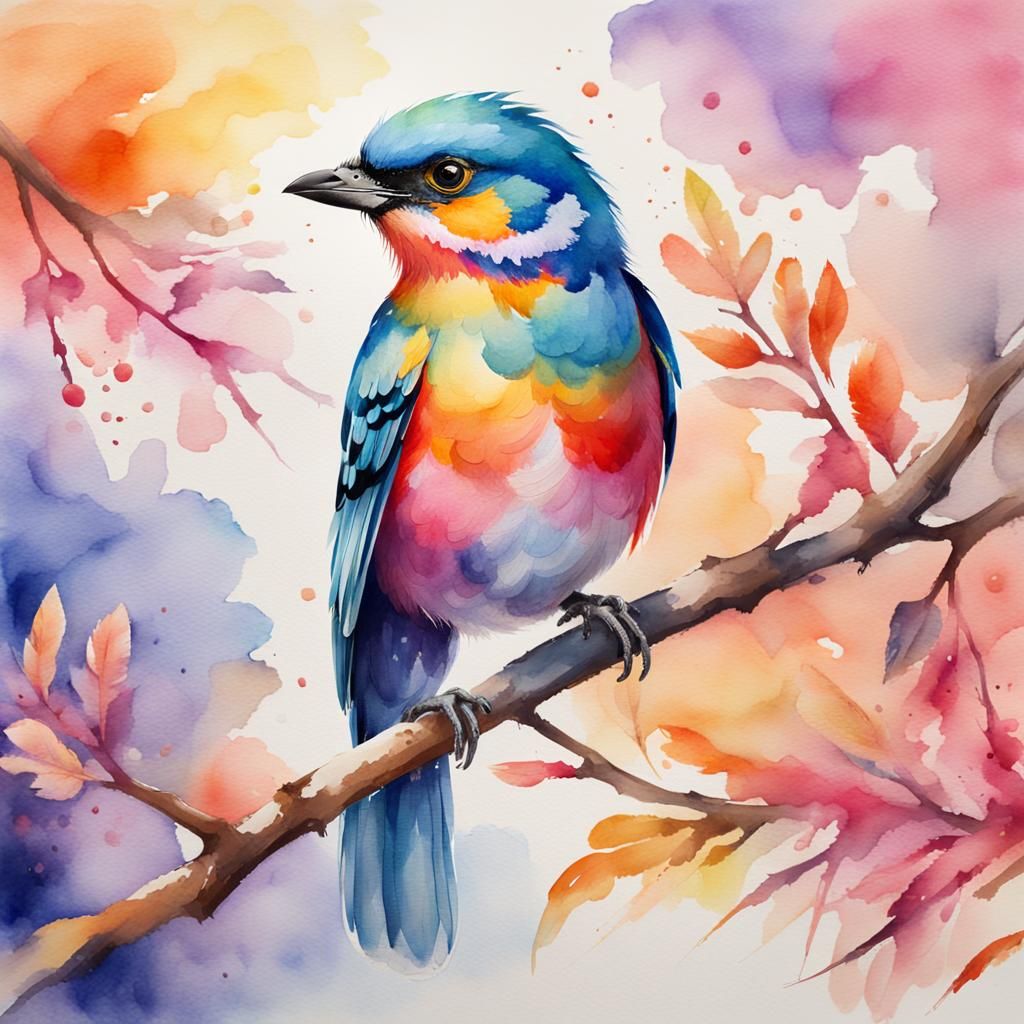 Colorful Bird Perched on Branch in Watercolor