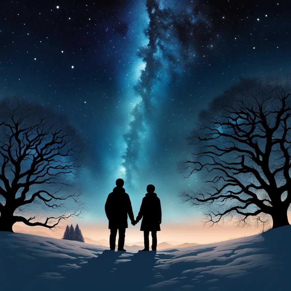 Silhouetted Couple Admiring Winter Night Sky