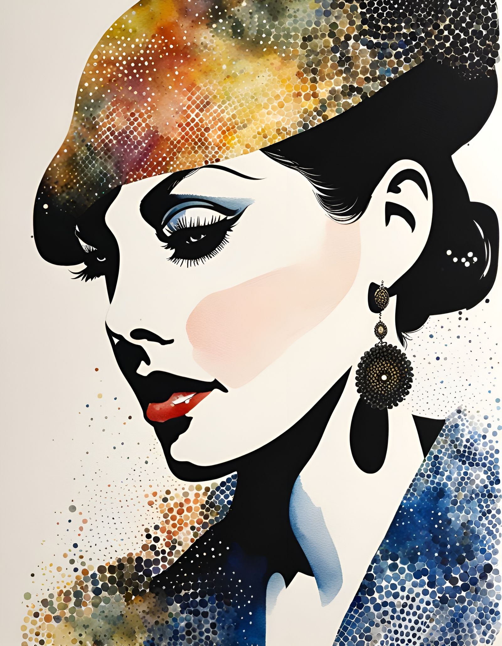 Watercolor Portrait with Halftone Pattern