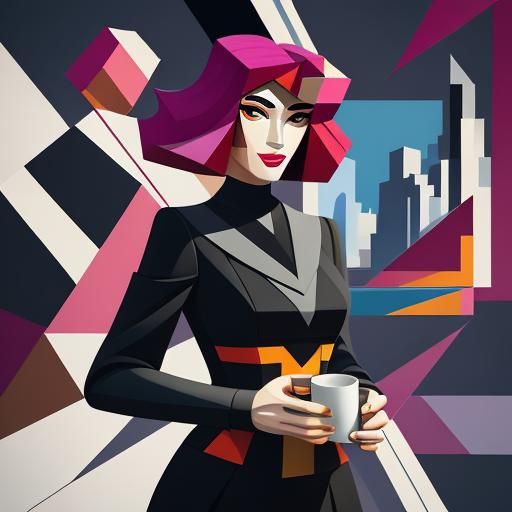 Cubist Girl with Coffee: Geometric Fauvism