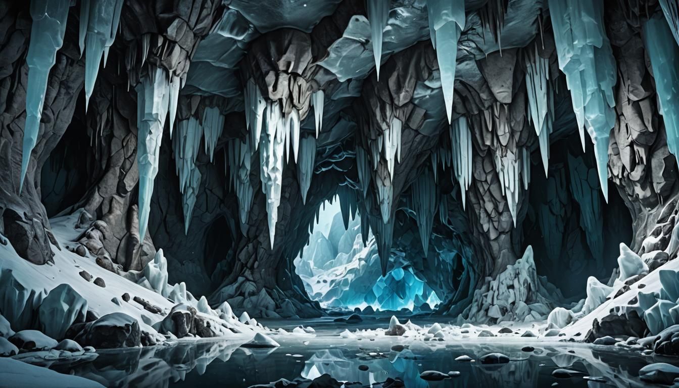 Ominous Ice Cave with Stalactites, Photorealistic Art