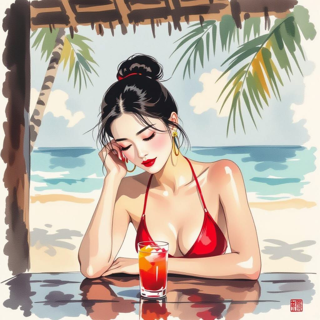 Elegant Asian Woman in Bikini: Ink Wash Style