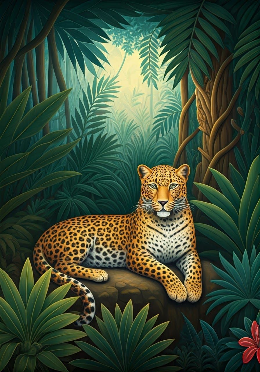 Naive style of Henri Rousseau, a leopard in the jungle