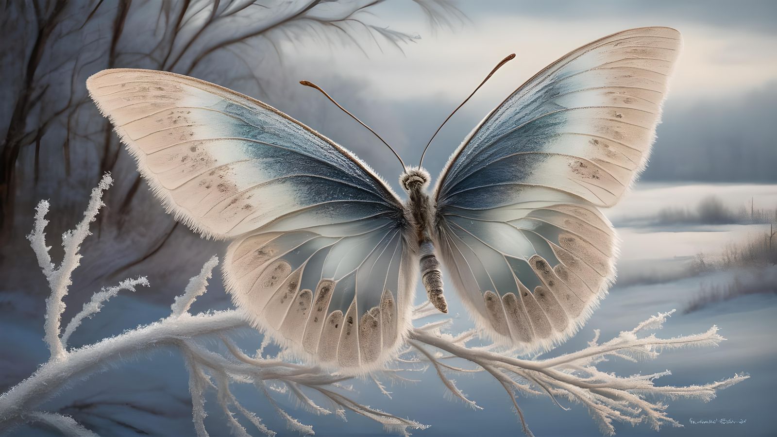Frost Sapphire Butterfly in Winter Landscape