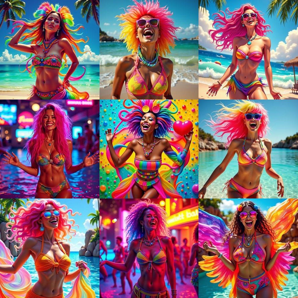 Singing Lady with Neon Hair in Stained Glass Style