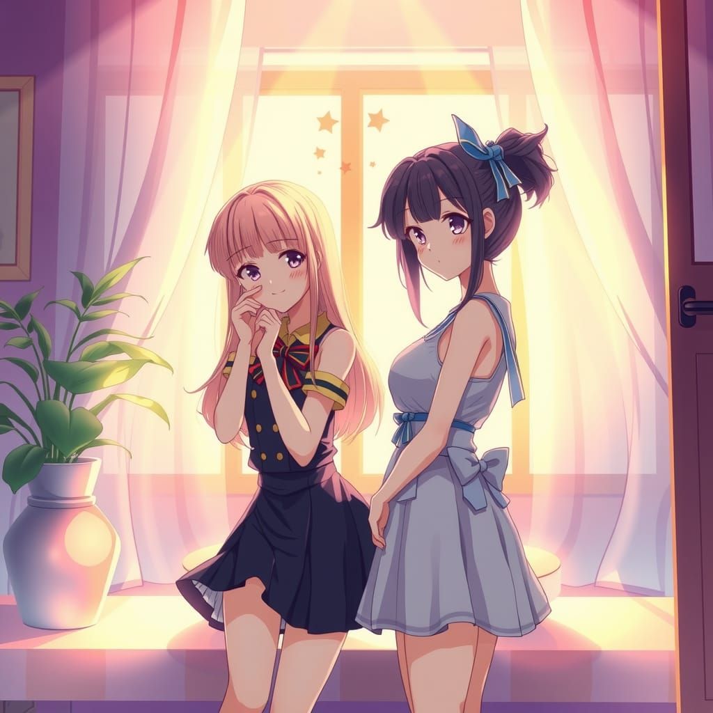 Beautiful Yuri Anime Scene Indoor, Two Anime Girls