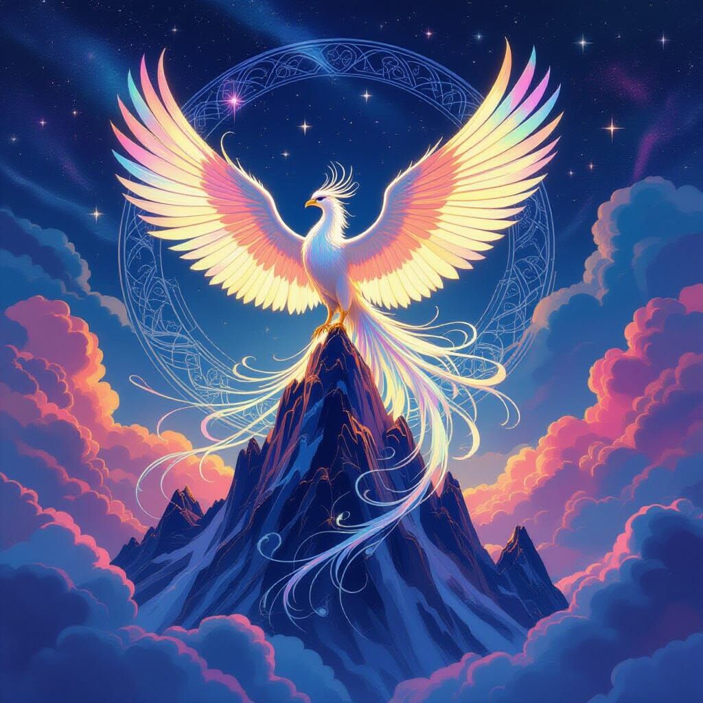 Phoenix Reborn on Crystal Peak in Nebula Sky