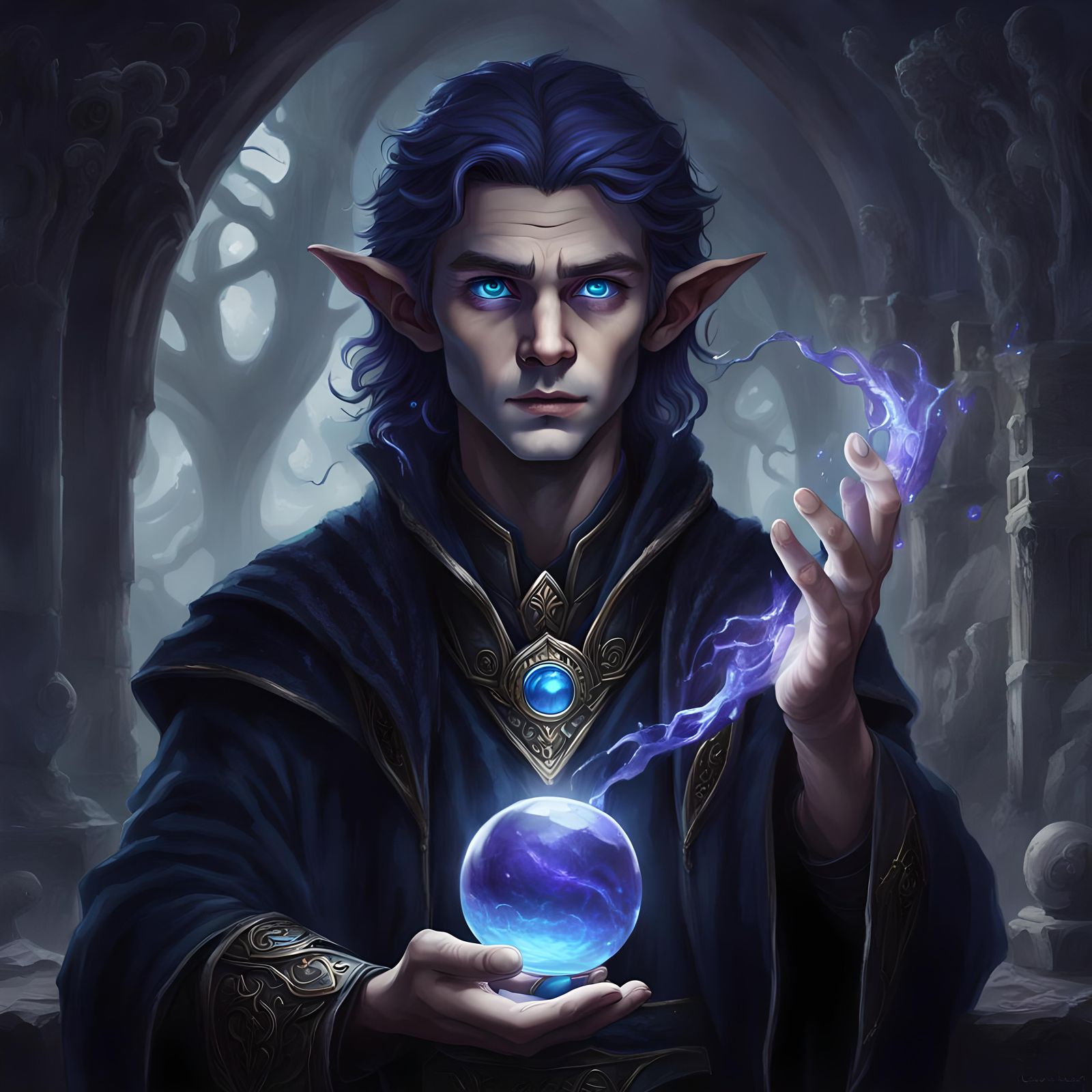 Young Elf Divination Wizard with Crystal Ball