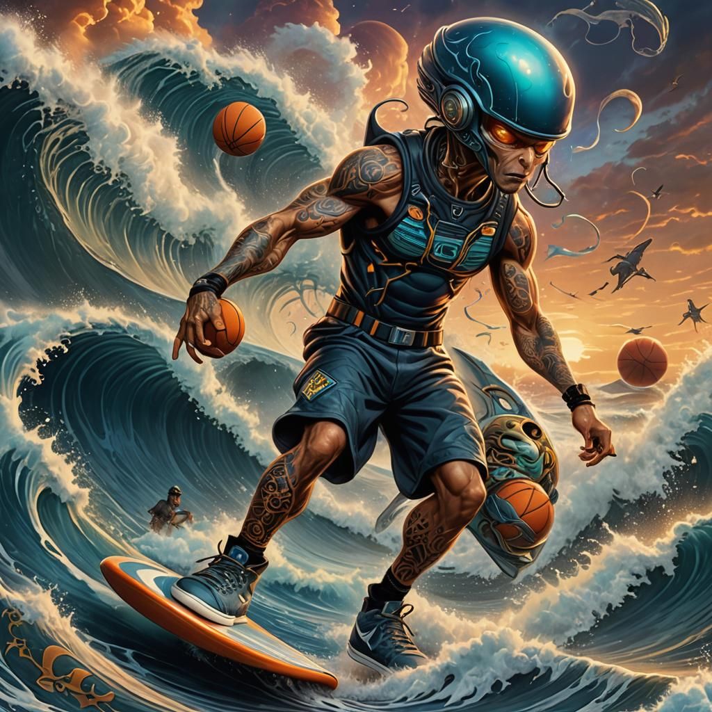 Alien Surfer on Stormy Wave: Sci-Fi Concept Art