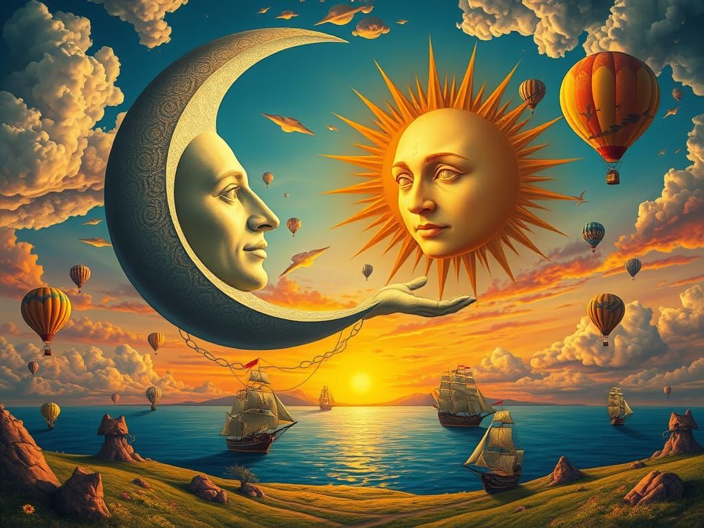 Surreal Landscape with Crescent Moon and Shining Sun