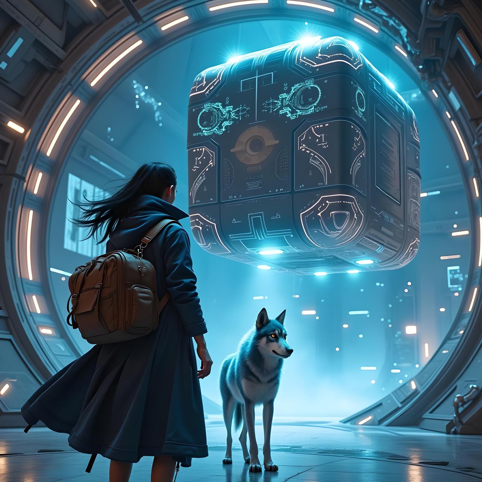 Futuristic Character and Ethereal Wolf in Space Station