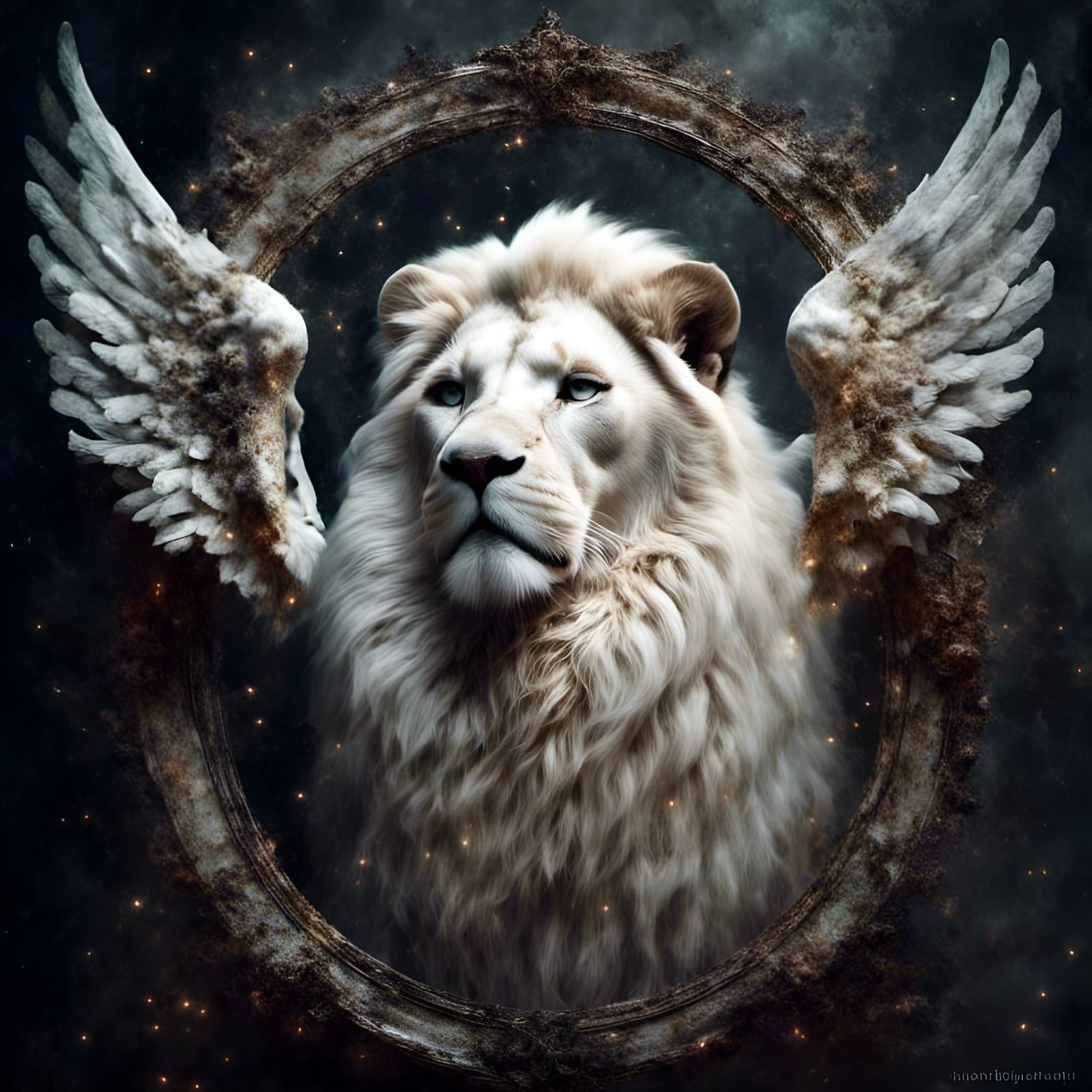 White Lion with Angel Wings in Atmospheric Lighting