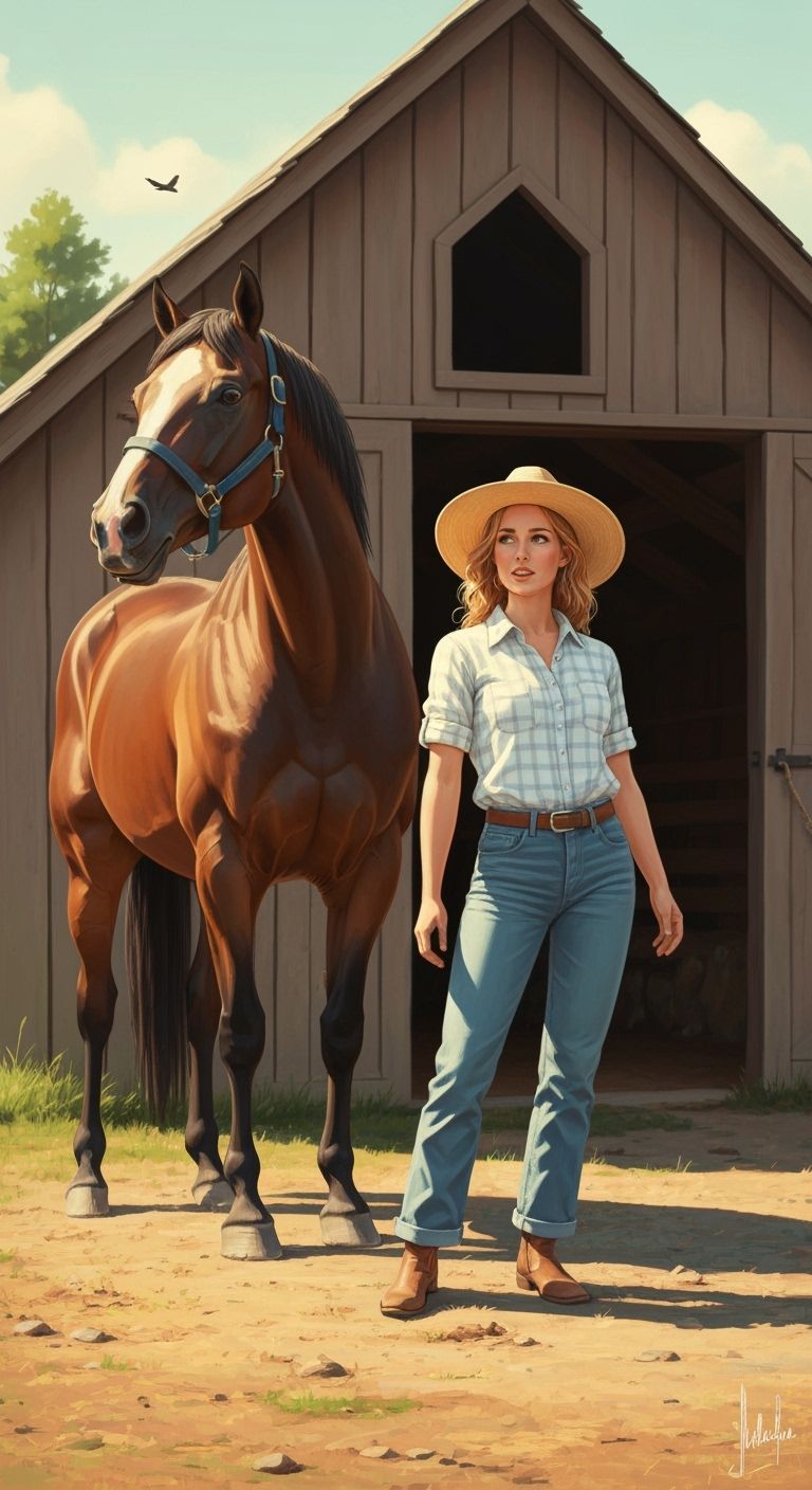 Blonde Woman on Farm at Sunset: Glitch Art Style