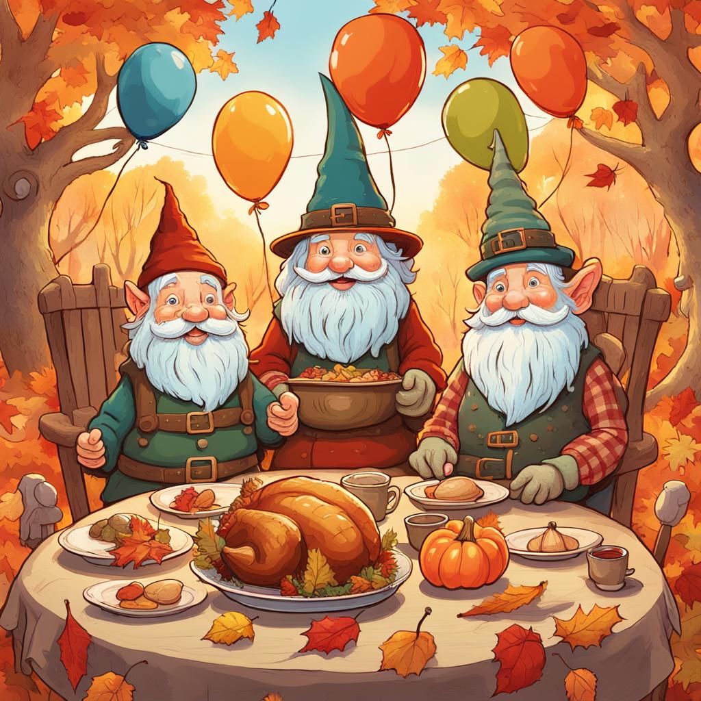 Thanksgiving Gnomes Illustration in Chris Riddell Style