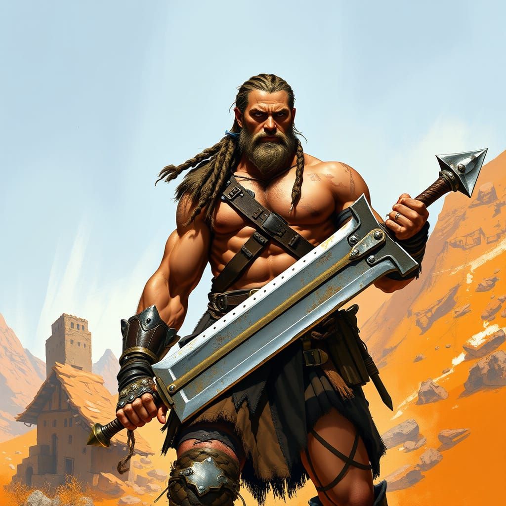 Heroic Barbarian Warrior in Frazetta-Inspired Epic Art