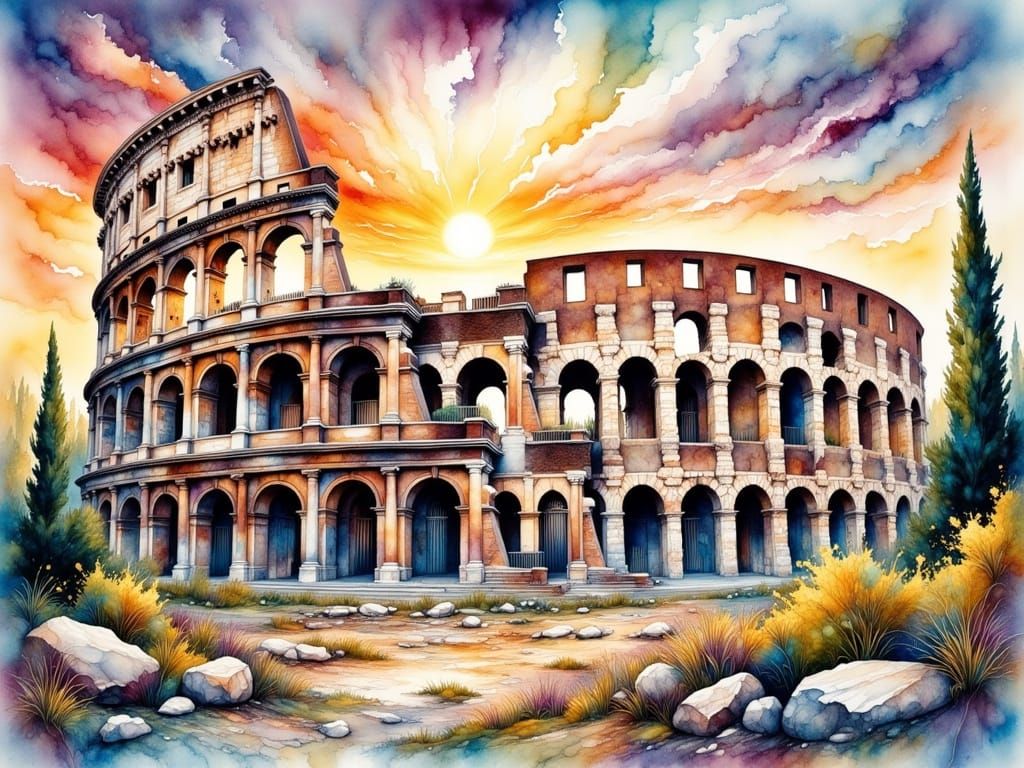 Roman Coliseum in Ruins at Sunset