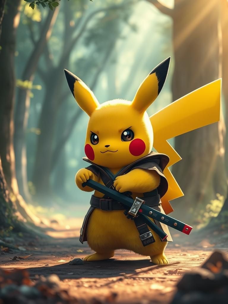 Pikachu Samurai in Mystical Forest: Anime Style