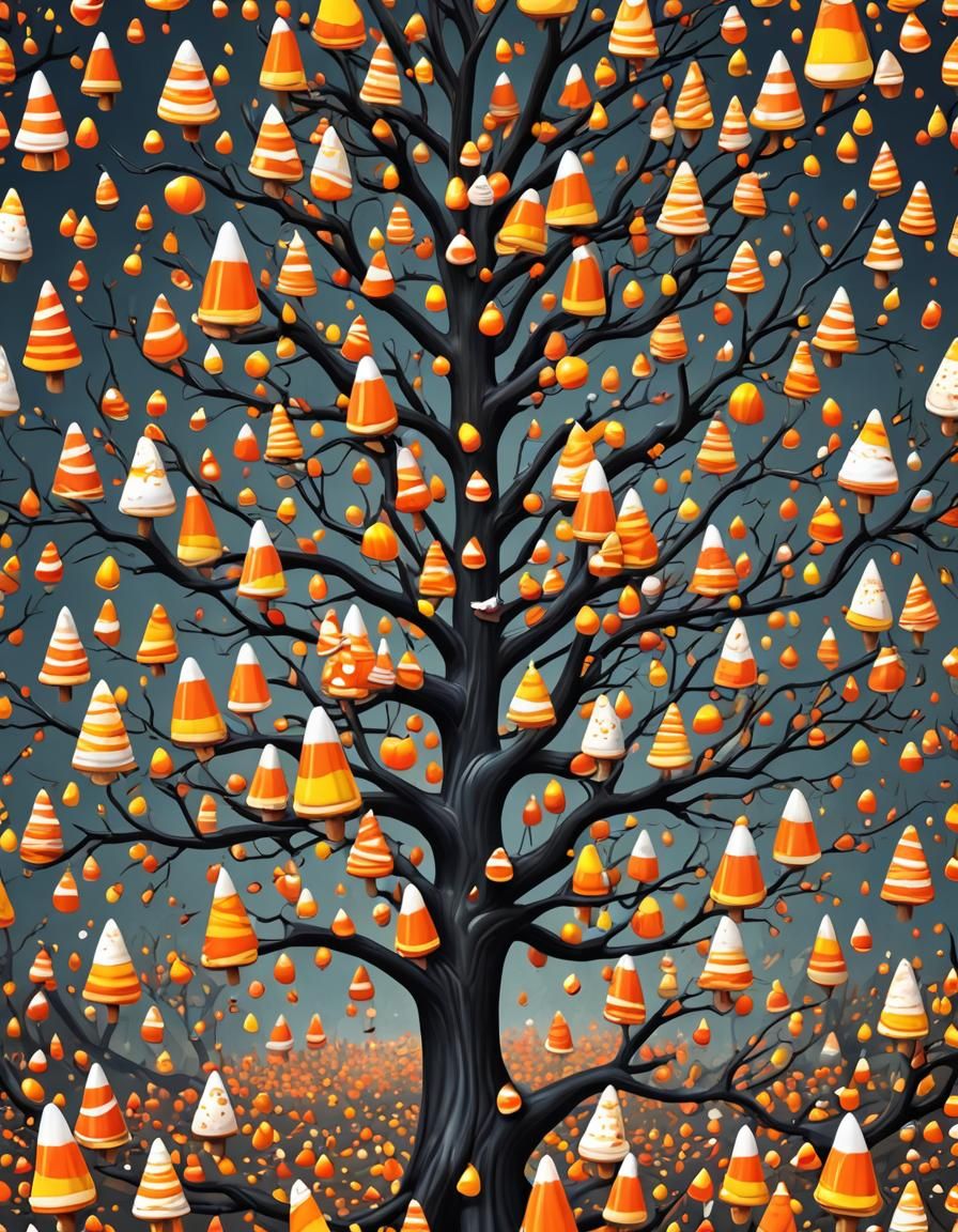 Spooky Candyland Candy-Corn Halloween Tree in Candy Art Styl...