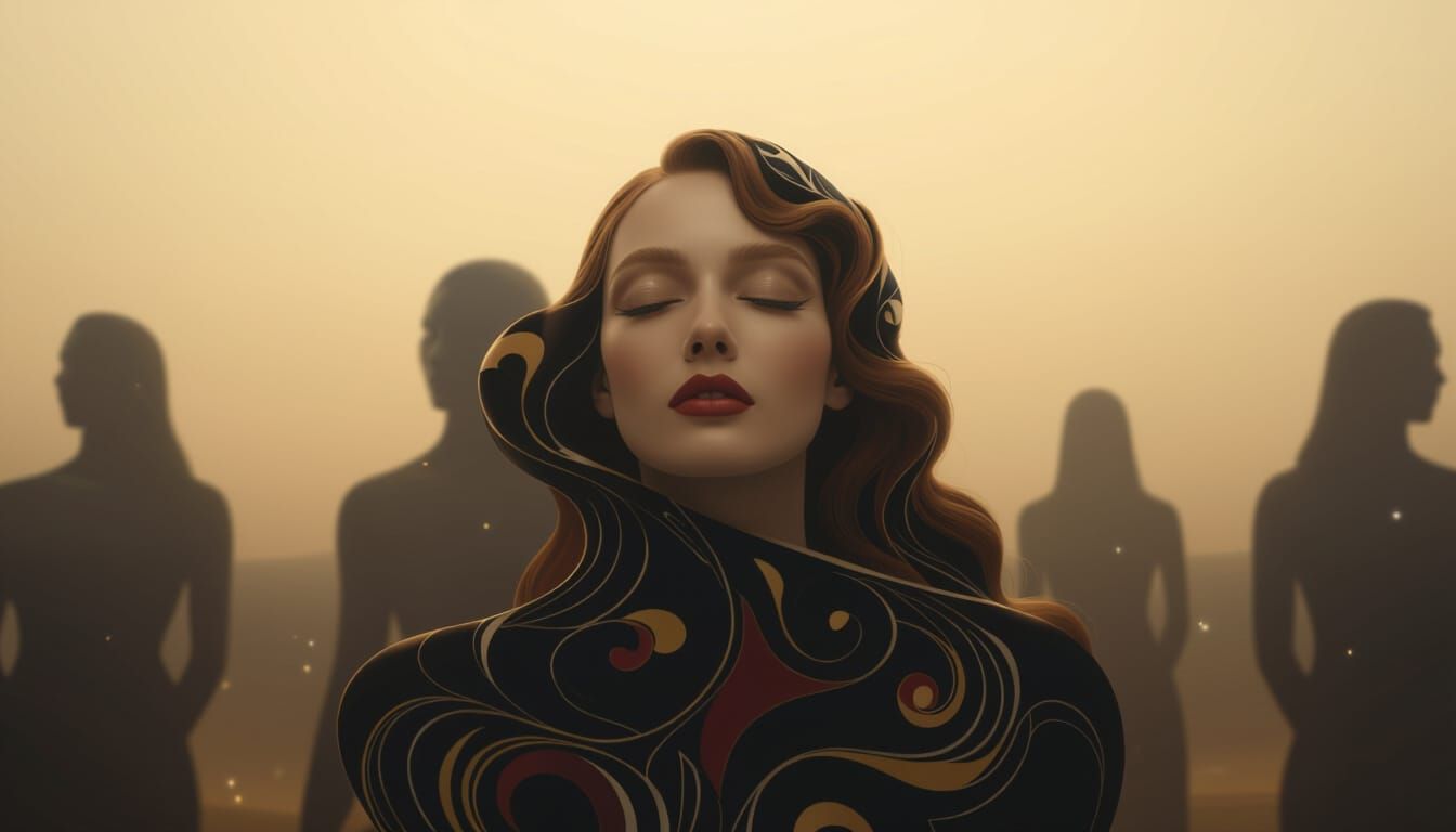 Woman in Surreal Golden Art Nouveau Swirls