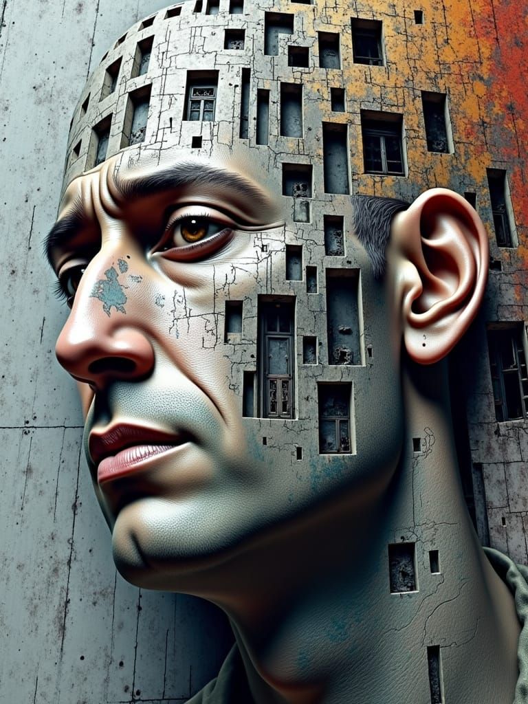 Surrealistic Architectural Face in Brutalist 3D Holographic ...