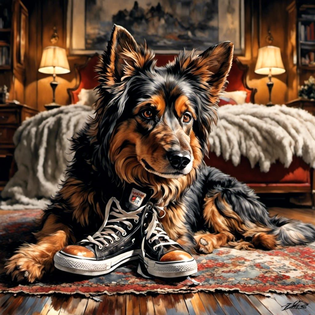 Dog Chewing Sneaker: Glossy Airbrush Oil Illustration