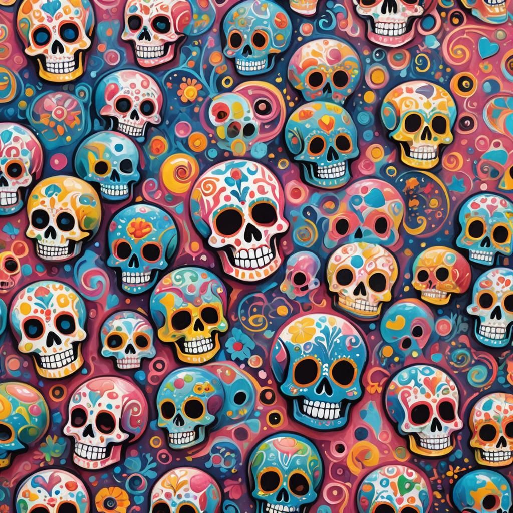 Colorful Sugar Skulls in Gouache Candyland