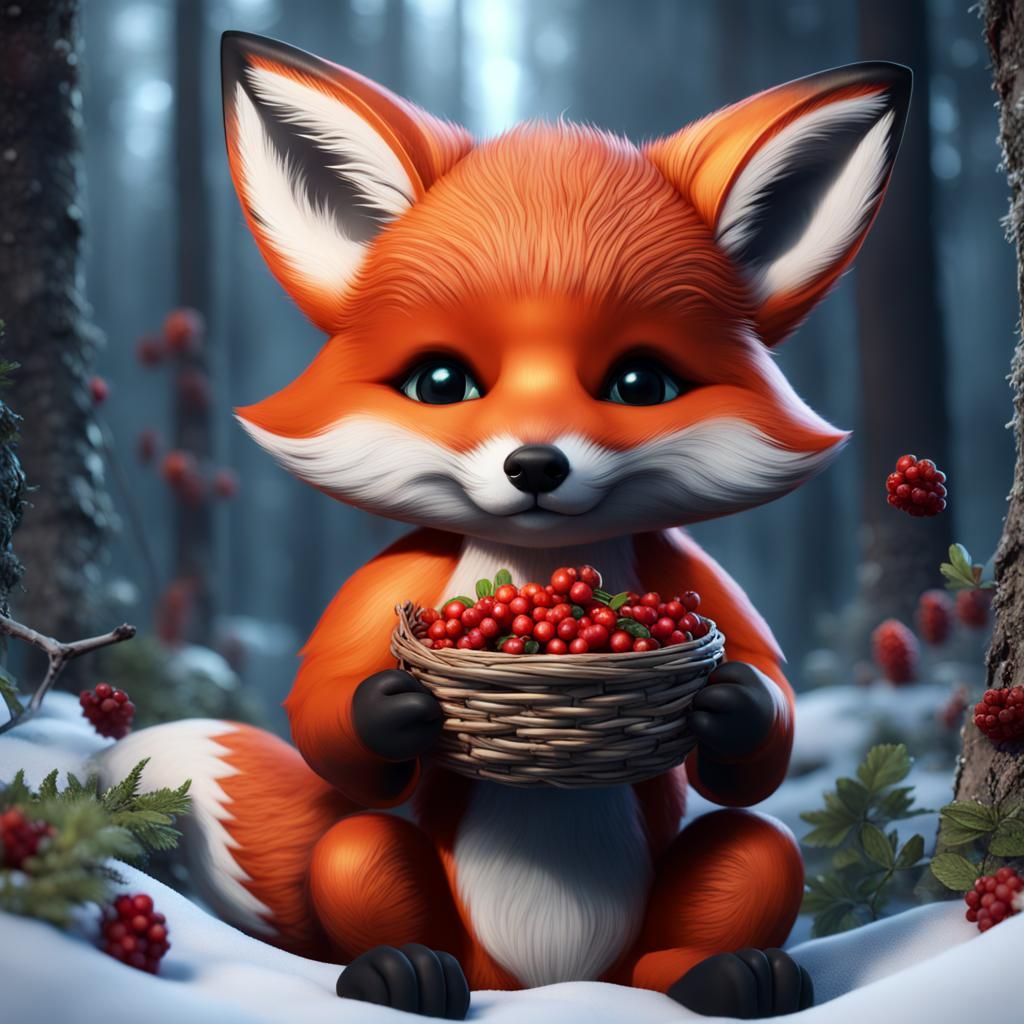 Baby Fox with Berries in Taiga Forest