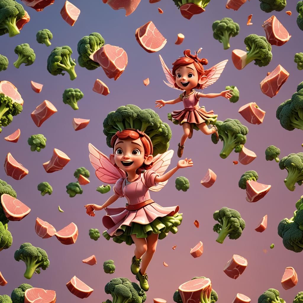 Whimsical Fairy with Ham Wings Dancing in 3D Art