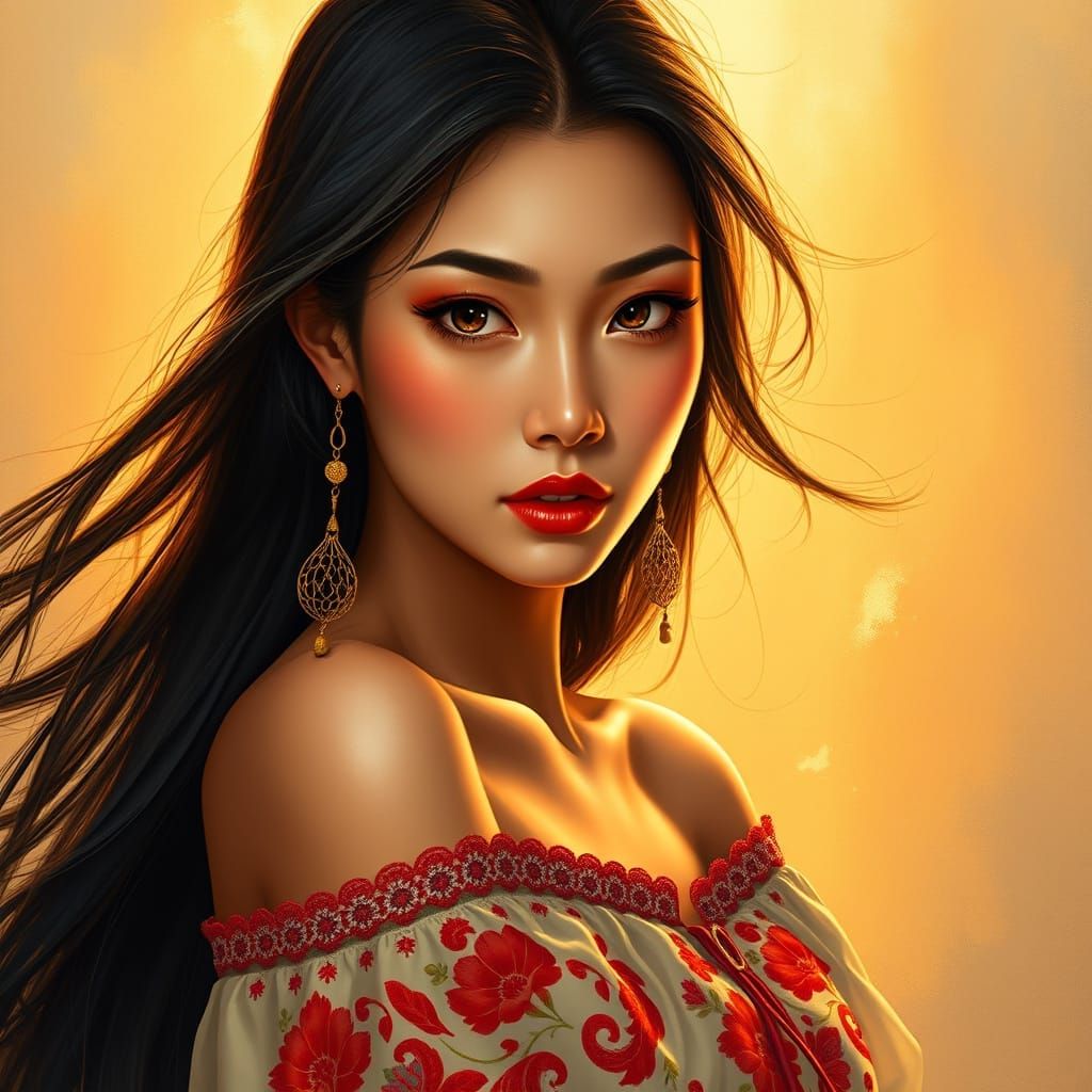 Elegant Asian Woman in Vibrant Peasant Blouse