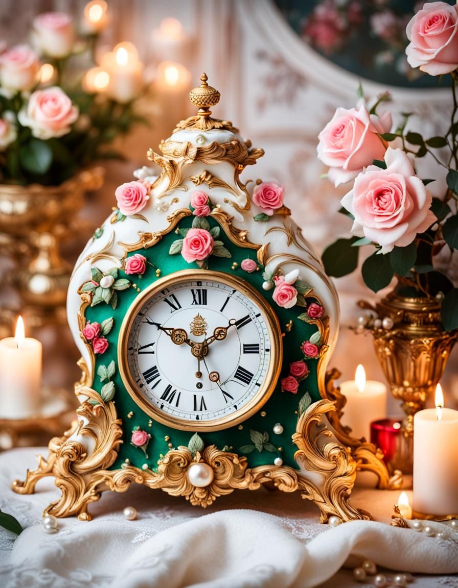 Rococo Clock with Roses and Jewels: Hyperrealistic Photo
