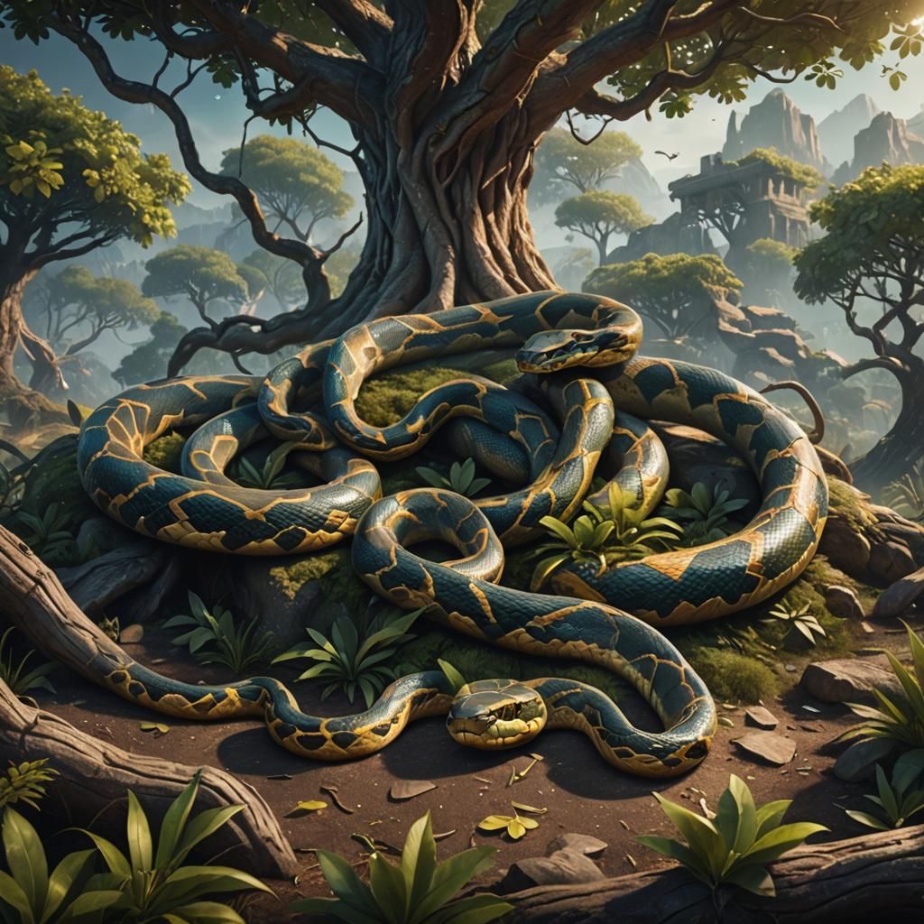 Snake Resting Under Tree: Fantasy Concept Art